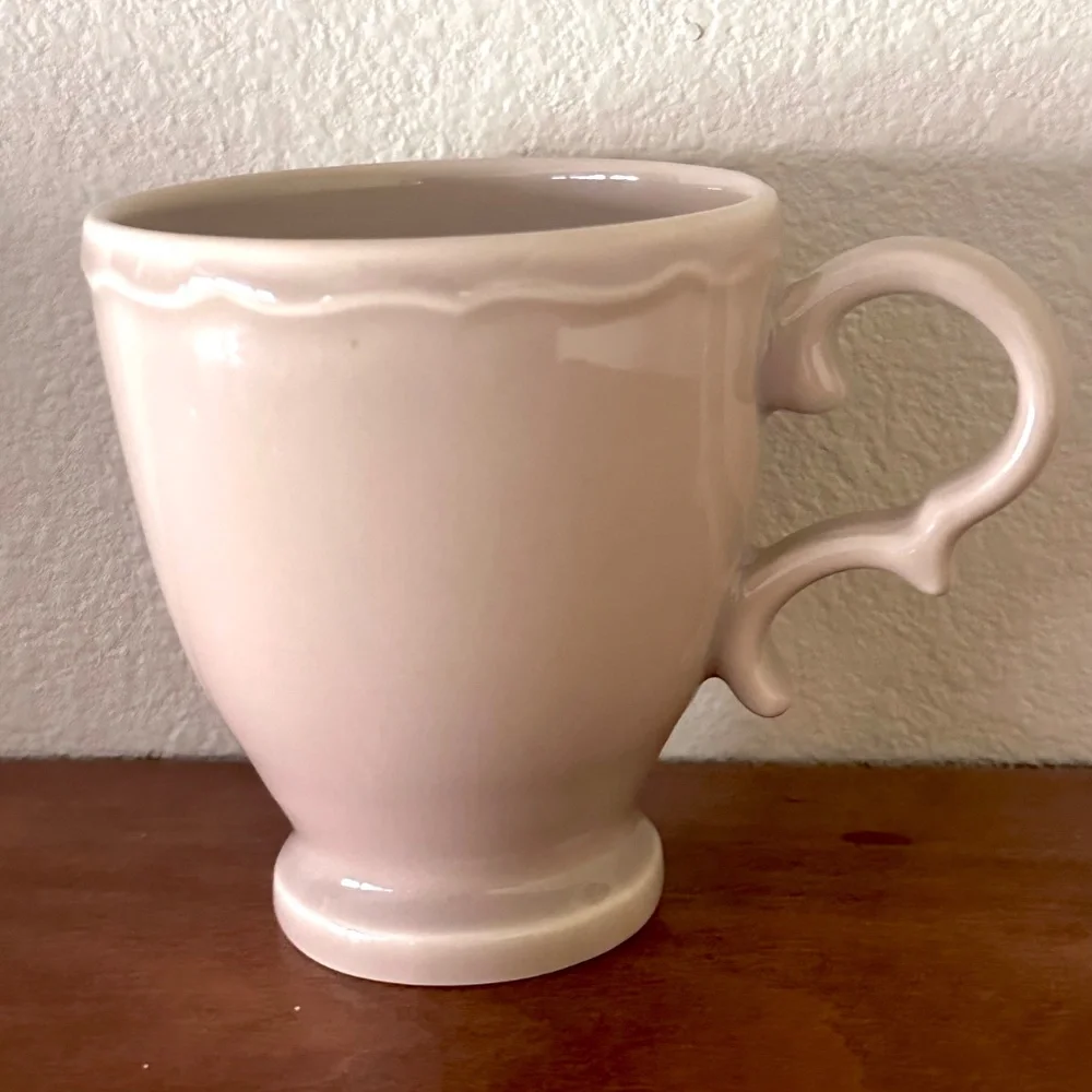 Pair of Williams Sonoma Tea - Coffee Mugs Footed, Beige Color, Ornate Handle